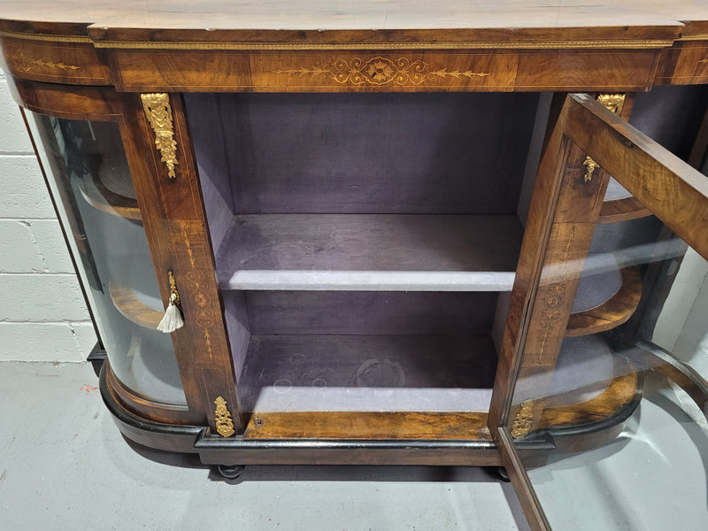 Victorian Rosewood inlaid side cabinet/credenza with velvet lined shelves and gilt mounts. It has been sourced locally and is in good original condition with loads of character.
