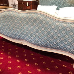 Painted Louis XV style upholstered queen size bed with its original paint and upholstery. Comes with custom made slats, all you need to is place you mattress on top.