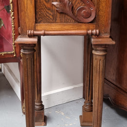 Wooden Arts and Crafts pedestal planter stand with decorative carvings. Sourced locally and is in good original condition.