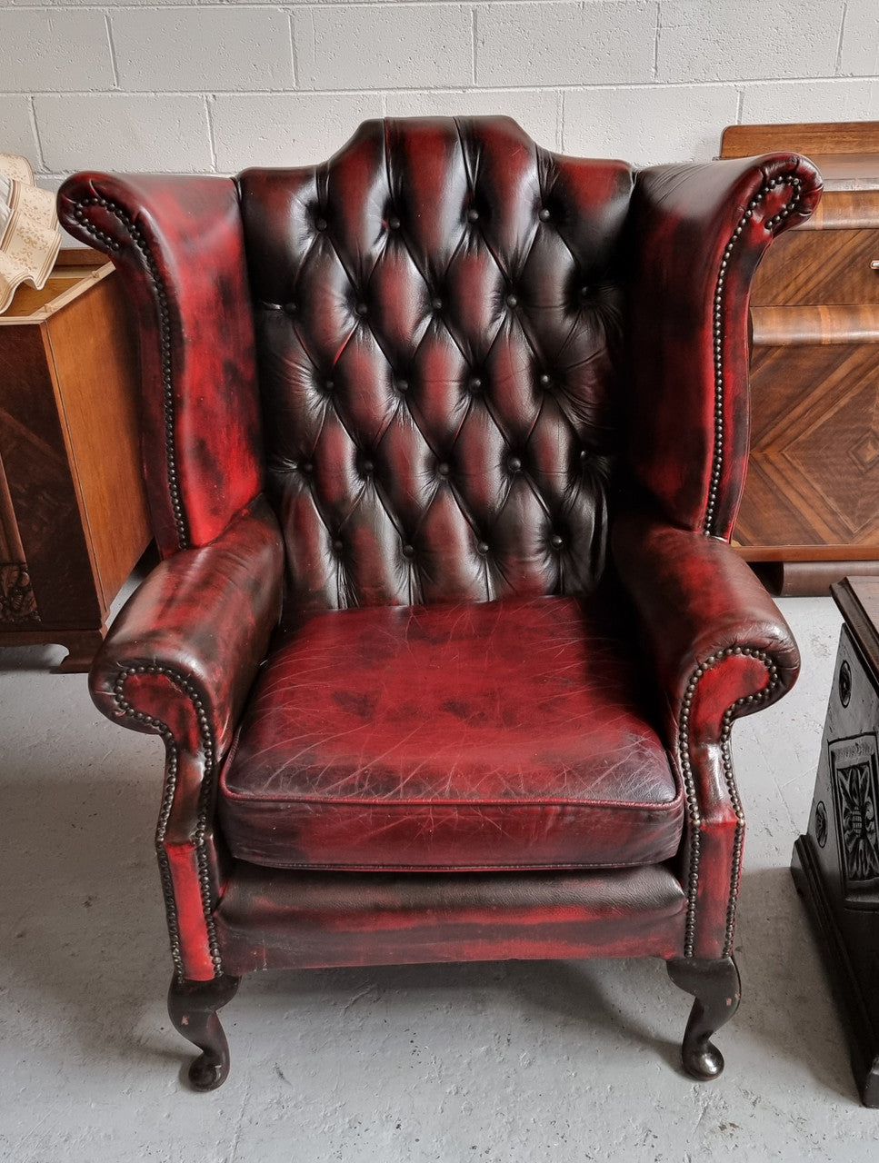 Oxblood Leather Button Back & Winged Lounge Chair