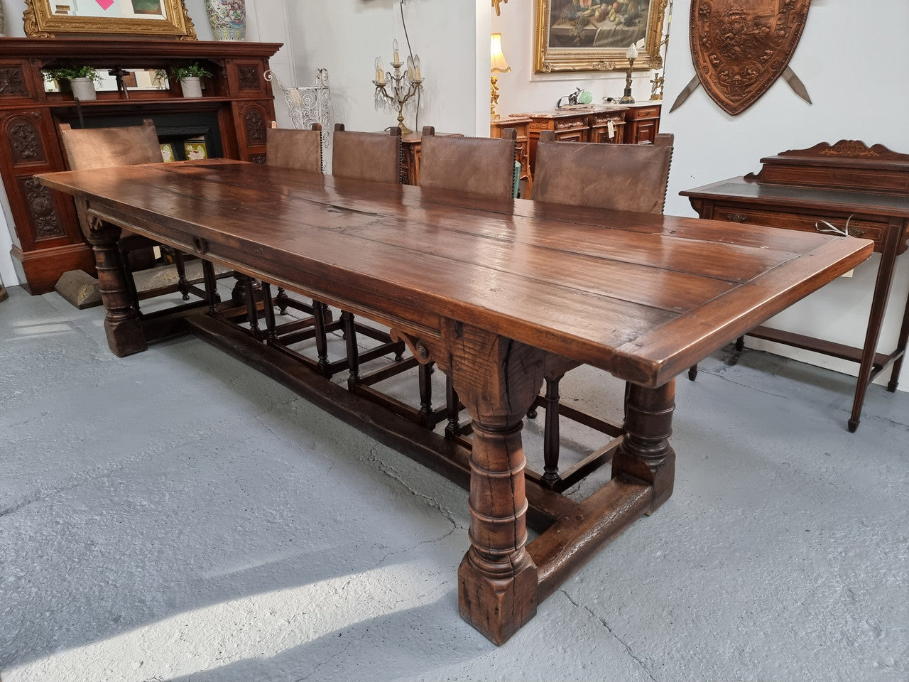Amazing 3 Meter Dark Oak Farmhouse Dining Table With Set of 10 Leather Chairs | Antique & Vintage | Moonee Ponds Antiques | Australia Wide Delivery