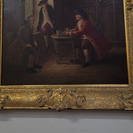 An engaging gilt framed signed oil on canvas of a "French Interior Scene". It has been sourced from France and is in good original detailed condition.