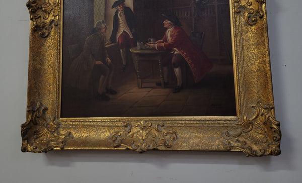 An engaging gilt framed signed oil on canvas of a "French Interior Scene". It has been sourced from France and is in good original detailed condition.