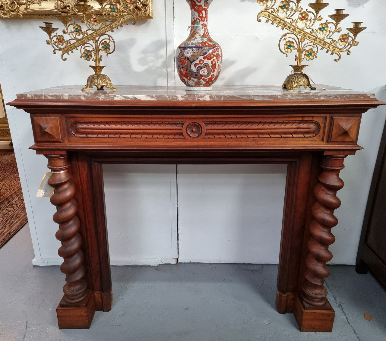 French 19th Century Walnut & Marble Top Fireplace Surround
