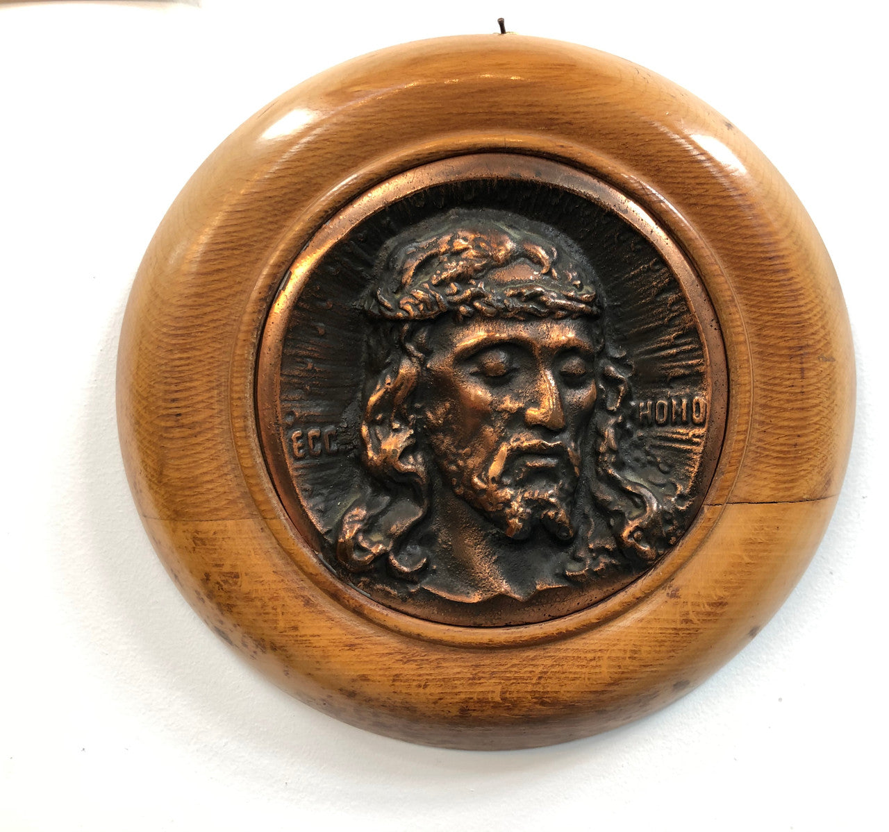 Italian Copper Plaque Of Jesus Set In Fruitwood Frame