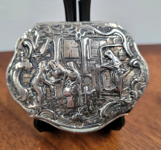 French 18th Century Silver Snuff Box. Rubbed Hallmarks. Fantastic embossed scene to lid, great patina.