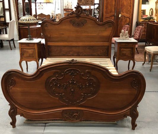French Walnut Louis XV style queen size bed. Comes with custom made slats, all you need to is place you mattress on top.