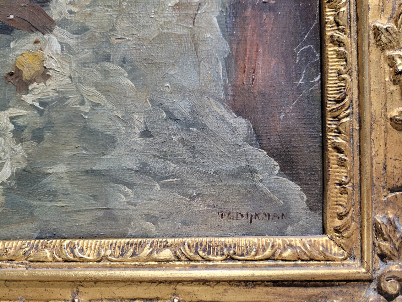 Stunning french oil on canvas signed “Dykman” painting, depicting farmhouse scene and in original gilt frame.