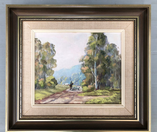 Lorraine Davies framed oil on board Australian farmhouse landscape. Written on the back is Don Valley Road, Launching Place Vic. In very good original condition.