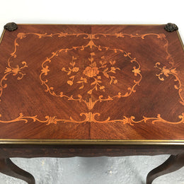 Beautiful french inlaid games table which includes internal drawers and bronze mounts. Internal drawers have counters and cards included.
