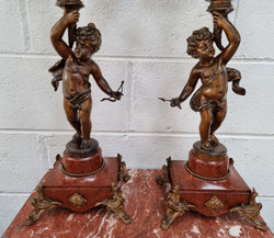 Pair of Highly Decorative French Cherub Candelabras With Bronzed Metal & Marble | Antique & Vintage | Moonee Ponds Antiques | Australia Wide Delivery