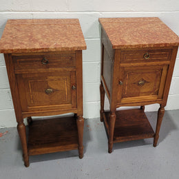 Pair of Louis XVI Style Oak Inlaid Marble Top Bedsides