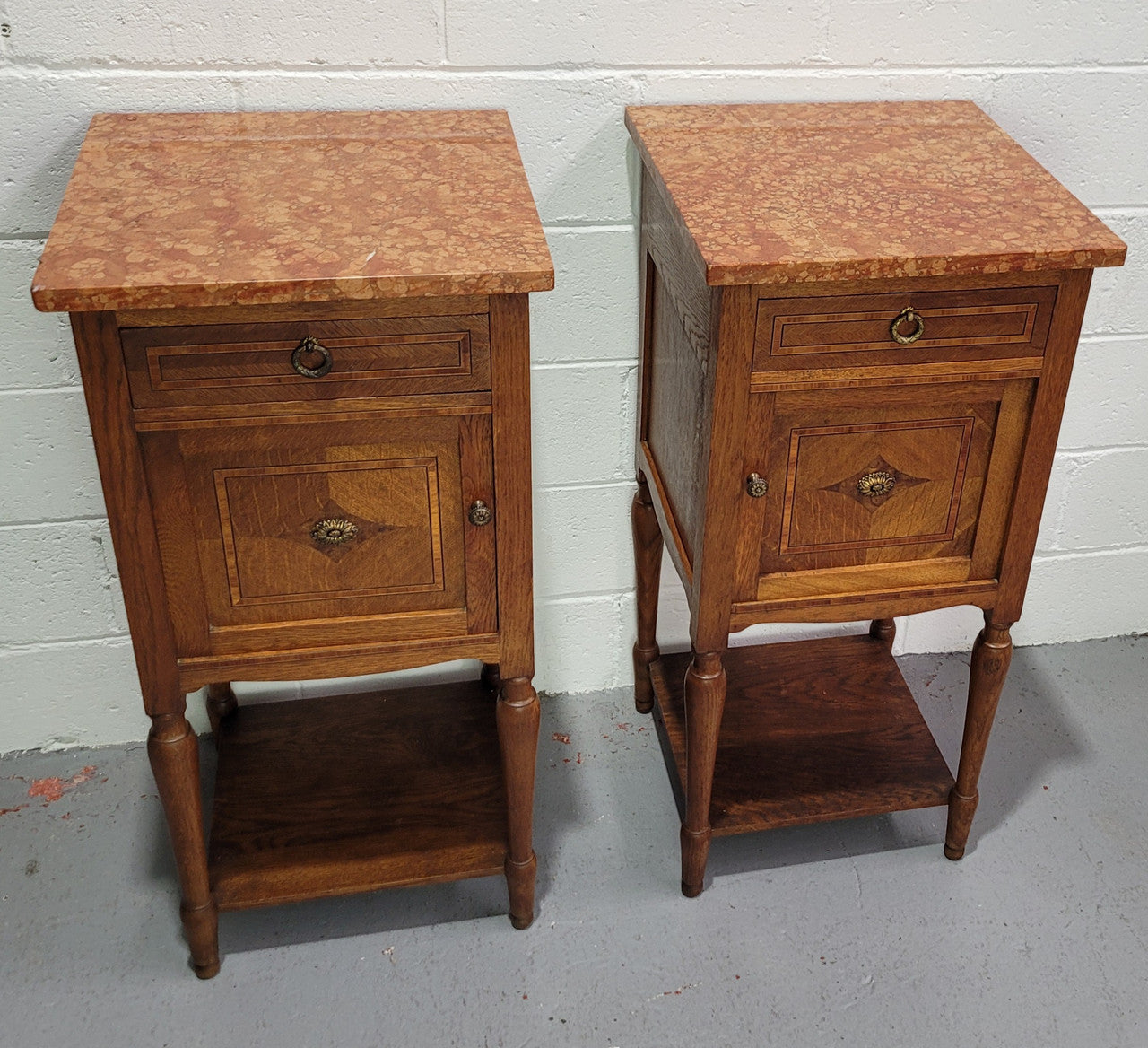 Pair of Louis XVI Style Oak Inlaid Marble Top Bedsides