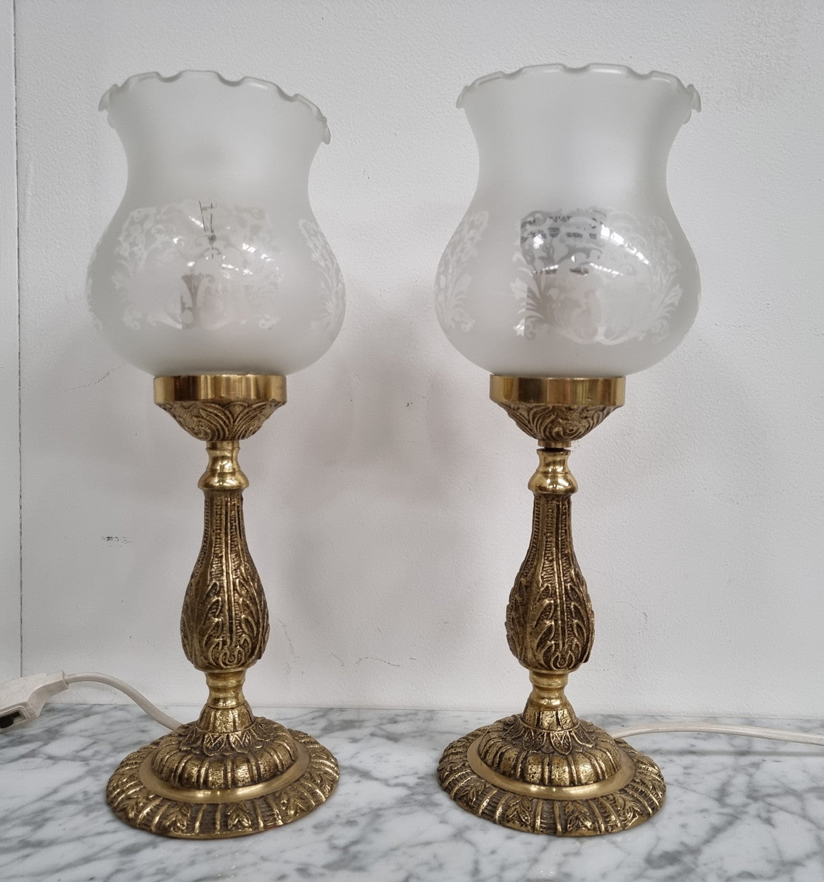 Beautiful Pair of Glass Etched Table Lamps