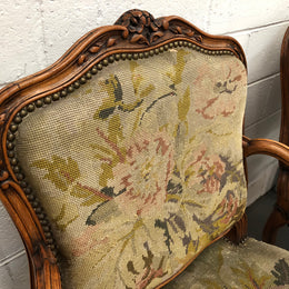 Pair of French Walnut Tapestry covered armchairs. They are in good original detailed condition. Slight wear and tear to fabric but still in good condition please view photos.
