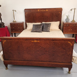 French Art Deco bedroom suite consisting of queen size bed in Amboyna wood and featuring pretty inlay. It comes with a matching pair of bedsides. It is a very stylish and high quality suite. It has been sourced from France and is in good original detailed condition.