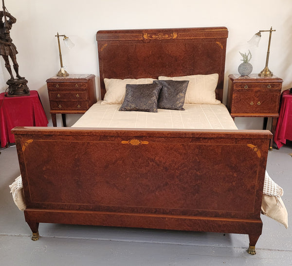 French Art Deco bedroom suite consisting of queen size bed in Amboyna wood and featuring pretty inlay. It comes with a matching pair of bedsides. It is a very stylish and high quality suite. It has been sourced from France and is in good original detailed condition.