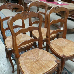 Set Of Four French Oak Rush Seat Dining Chairs