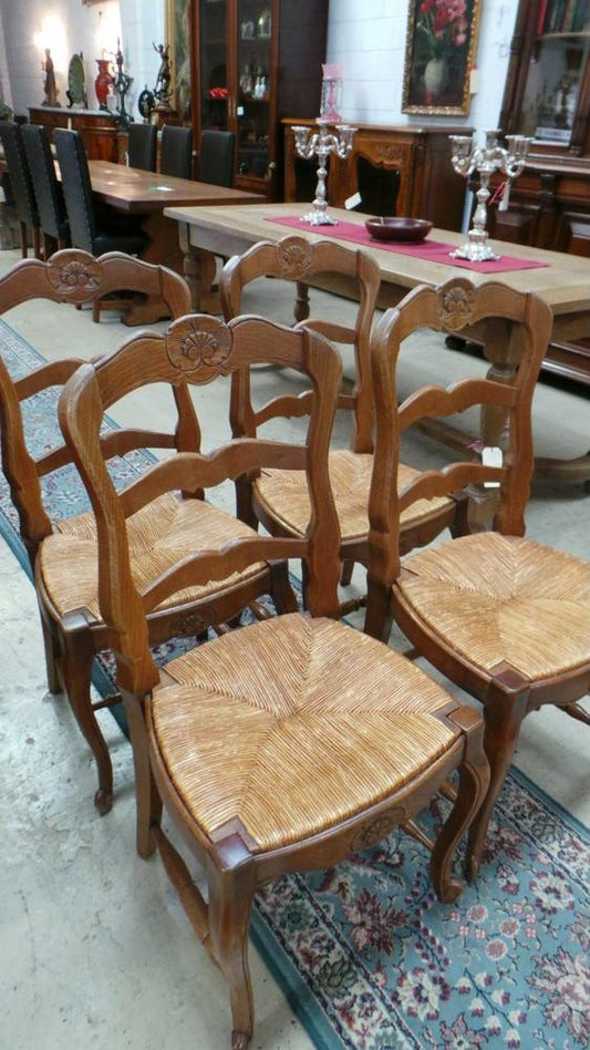 Set Of Four French Oak Rush Seat Dining Chairs