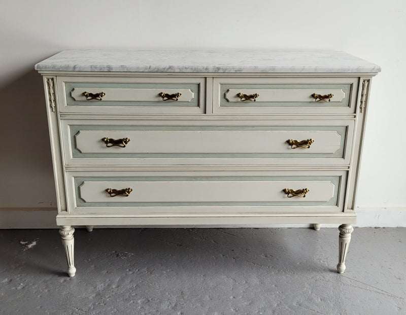 Charming Vintage French Louis 16th style original chalk painted chest of four drawers. It has been sourced from France and in good original condition.