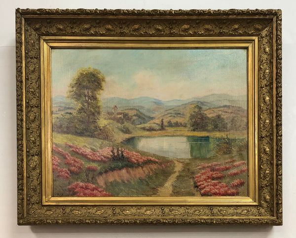 Beautiful French country scene oil on canvas in a lovely decorative frame in good original condition..