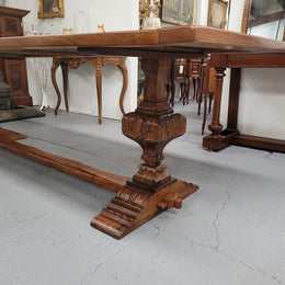 French style reclaimed Elm Farmhouse table with stretcher base and amazing carving underneath. Table can sit 10-12 people and is in good original detailed condition.