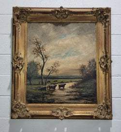 Sourced In France Signed Oil On Canvas "Cows In River Landscape" | Antique & Vintage | Moonee Ponds Antiques | Australia Wide Delivery