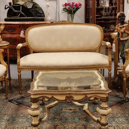 French Louis XVI style salon lounge suite with amazing like new upholstery. In good original condition and with like new fabric upholstery with very little sign of use. Please request more photos if required as they help form part of the description.
