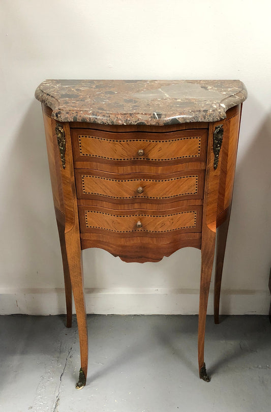 Single French commode marble top bedside with decorative inlay, ormolu mounts and a stunning coloured marble top.