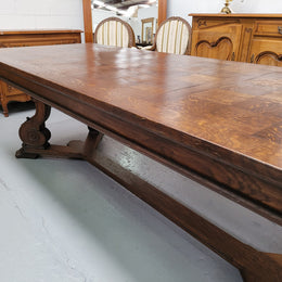 Stunning 2.55 meter French Spanish style parquetry top Oak table. Amazing one piece top and it is in good original detailed condition.