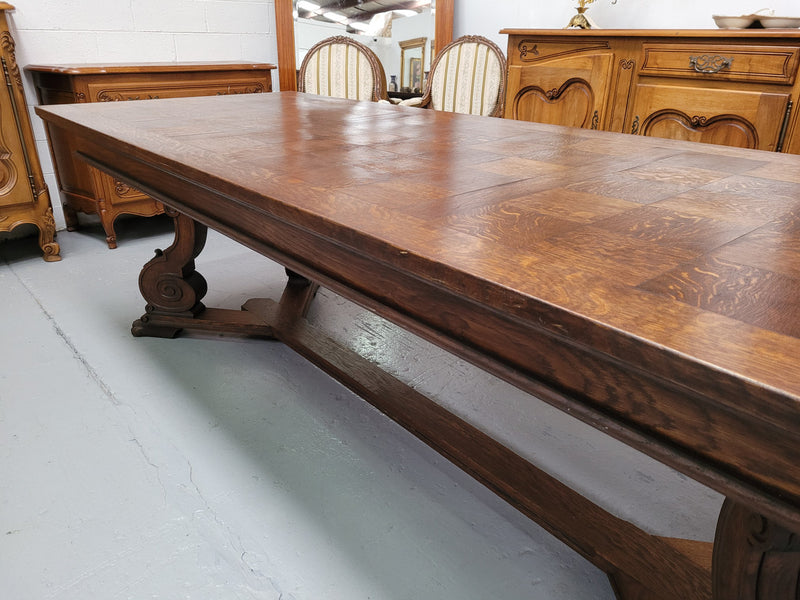 Stunning 2.55 meter French Spanish style parquetry top Oak table. Amazing one piece top and it is in good original detailed condition.