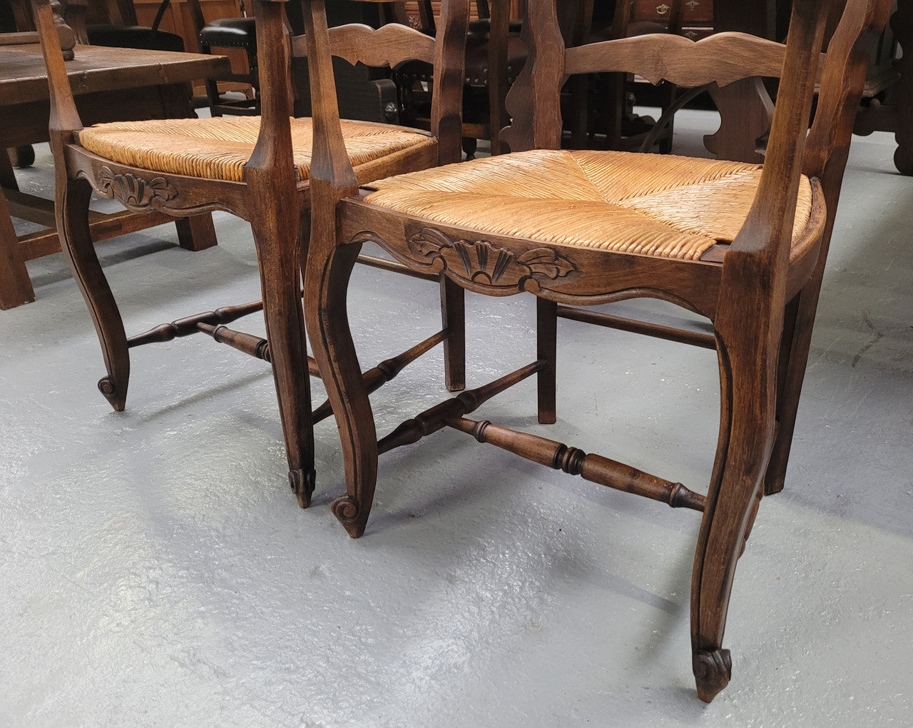 Pair Louis XV Style Oak Rush Seated Carver Chairs