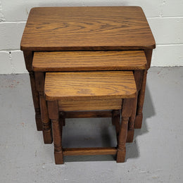 Lovely tudor oak style three nest tables. Circa 1950, In good original detailed condition.