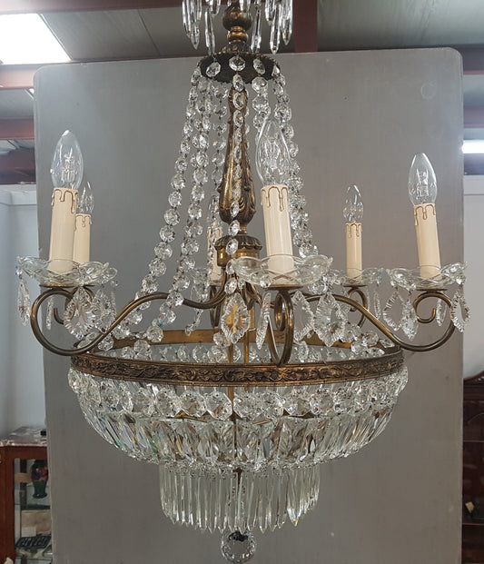 French Bronze & Crystal Six Candle Light Chandelier