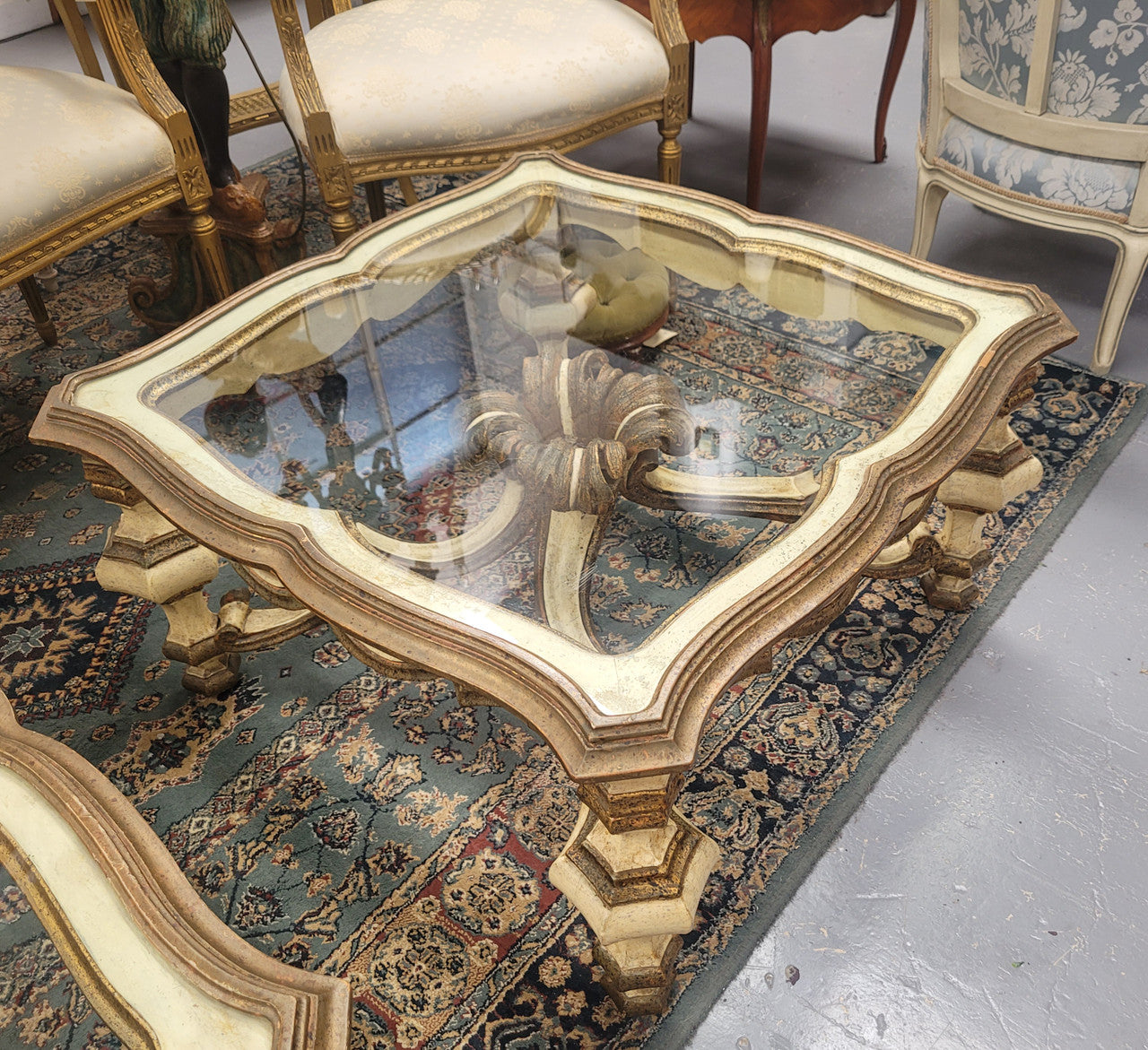 1 of a Pair of Stunning Vintage Italian Painted Florentine Coffee Tables.  Very Decorative and Hard To find.  Price is $1695 for each table.