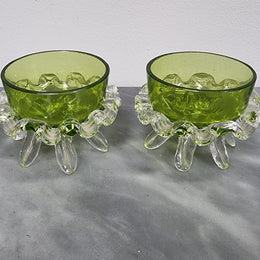 Lovely pair of Victorian green glass open salt bowls with clear frilled edging. In good original condition.