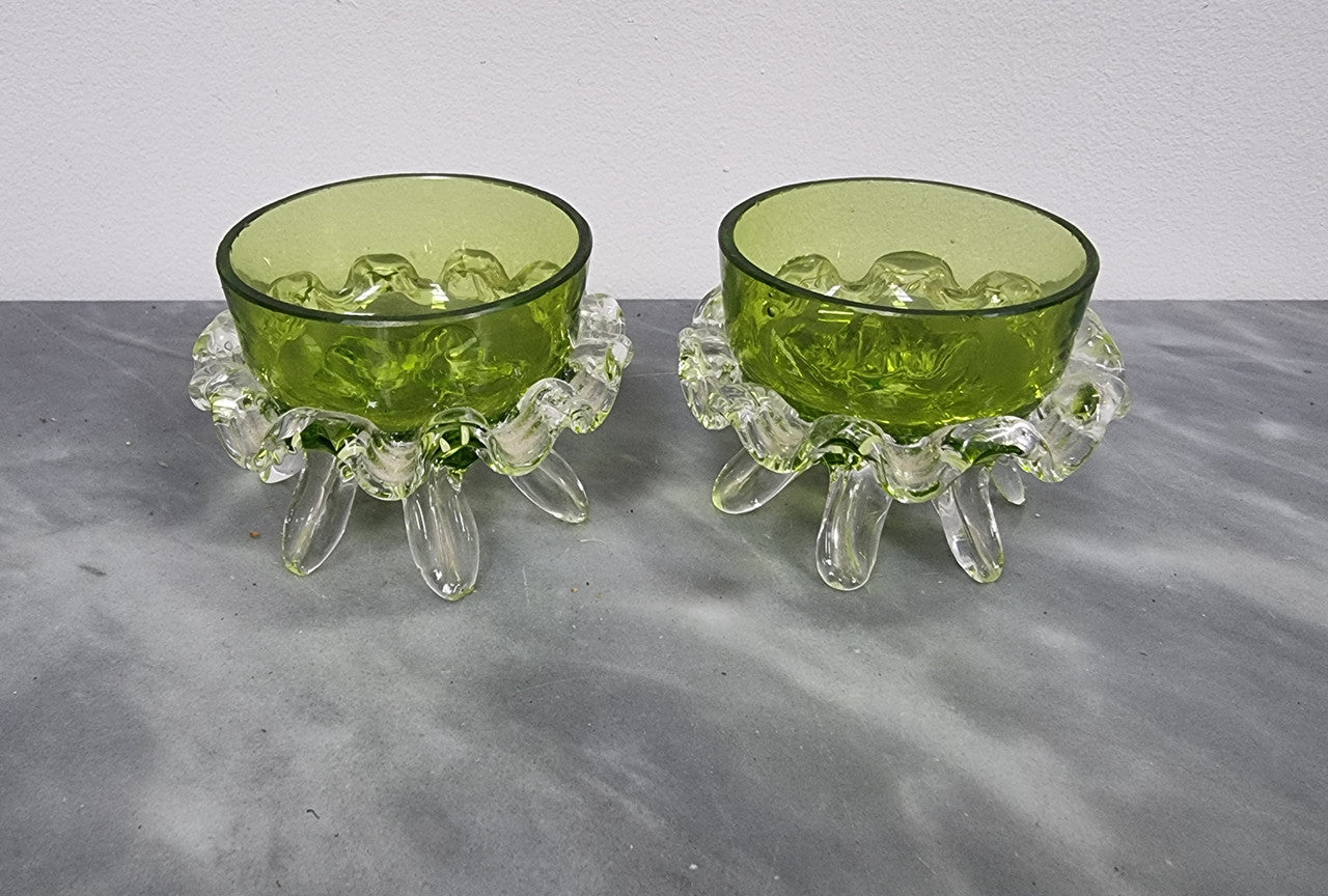 Lovely pair of Victorian green glass open salt bowls with clear frilled edging. In good original condition.
