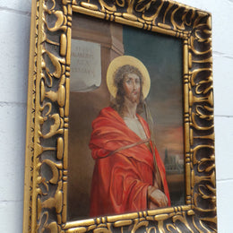 Superbly Painted Oil On Canvas Of Jesus In An Ornate Antique Gilt Decorated Frame.