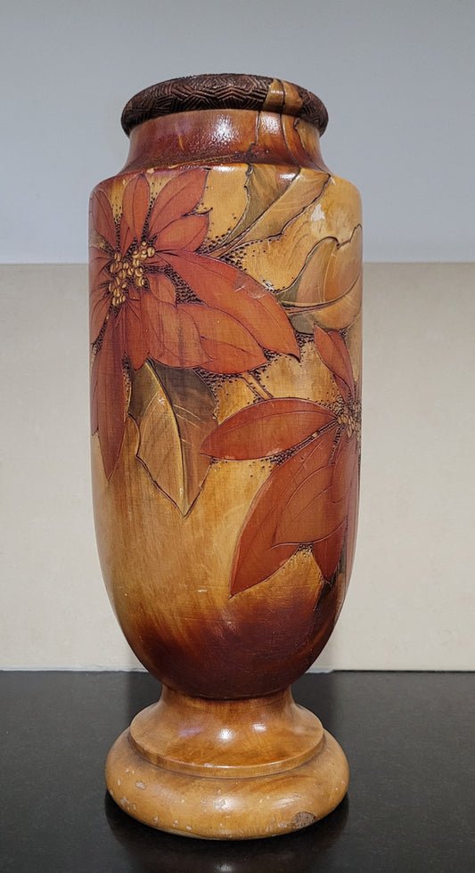 Antique Pokerwork timber vase with floral design. In good condition with signs of wear, please view photos as they help form part of the description.