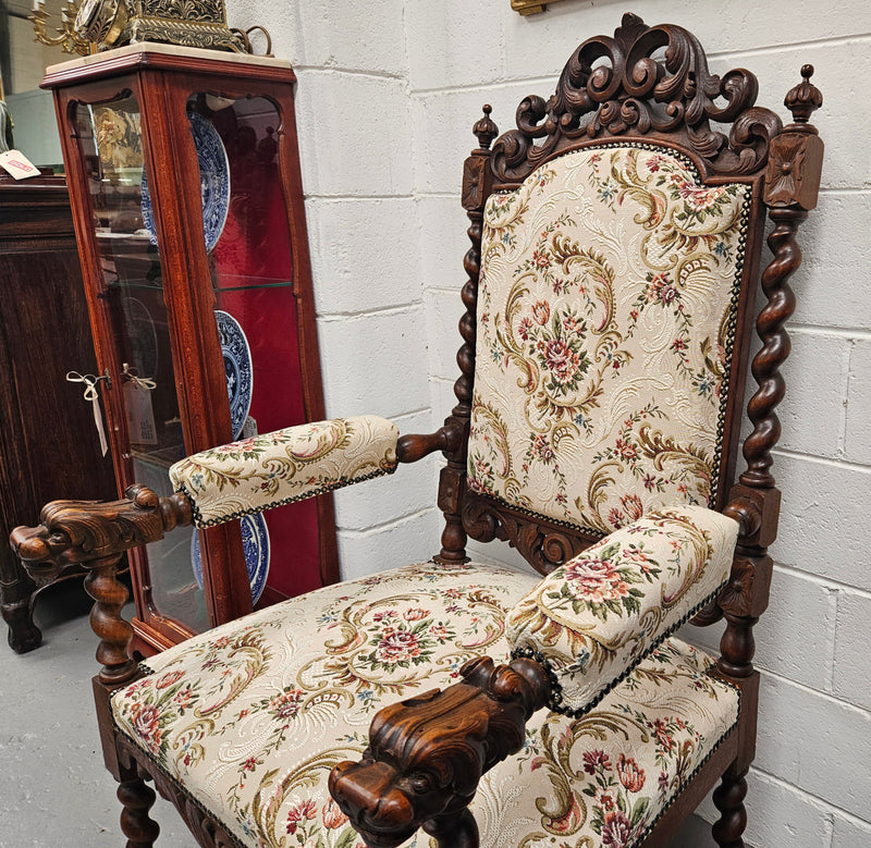 Early 19th Century French renaissance beautifully carved chair with stunning new upholstery. In good original condition with new upholstery.