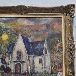 Beautiful large signed French oil on canvas painting, depicting a church/landscape in original gilt frame.