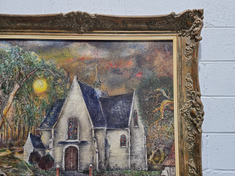 Beautiful large signed French oil on canvas painting, depicting a church/landscape in original gilt frame.