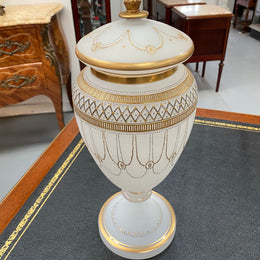 Classical Victorian milk glass & gilt decorated urn/vase. In good condition.