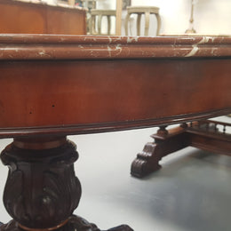 A superb early 19th century French Louis Philippe mahogany centre table, with original round carved rough marble with reeded-edge and is in good original condition.