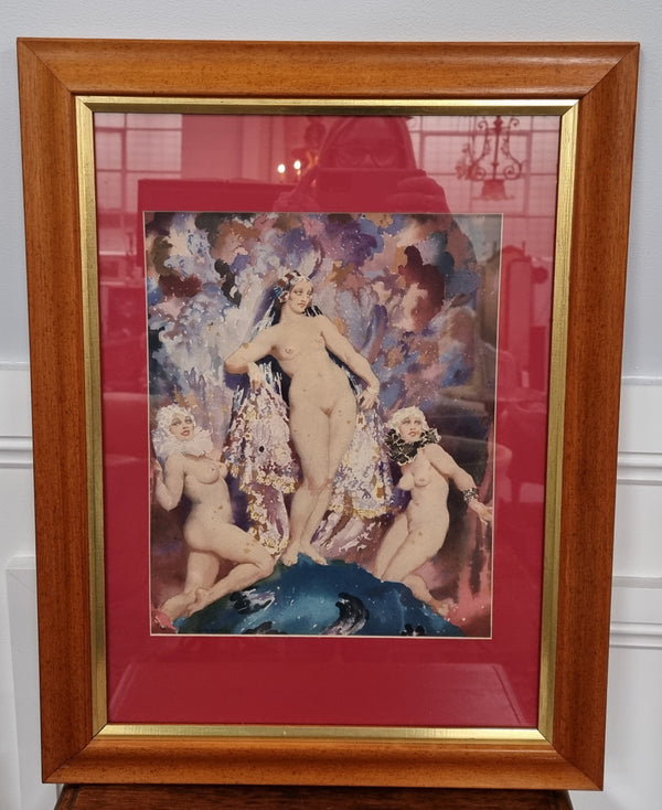 A beautiful framed coloured print After Norman Lindsay, of three female nudes in good condition.