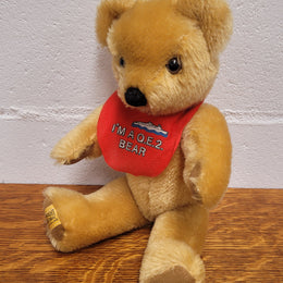 “Merry Thought” Golden Mohair fully Jointed Teddy Bear.  Made in England, commemorating QE2. 32cm length. Excellent Condition.