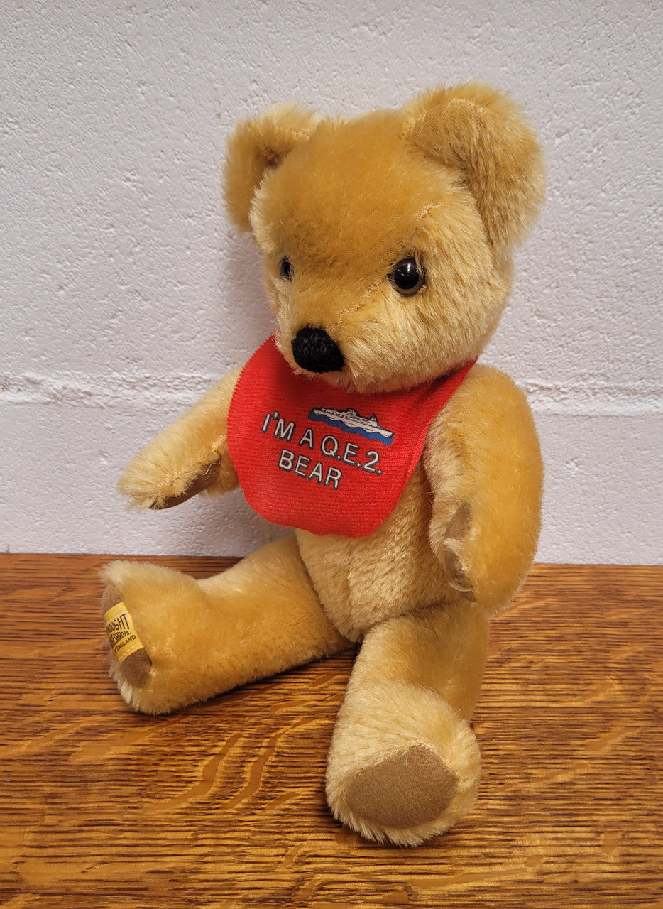 “Merry Thought” Golden Mohair fully Jointed Teddy Bear.  Made in England, commemorating QE2. 32cm length. Excellent Condition.