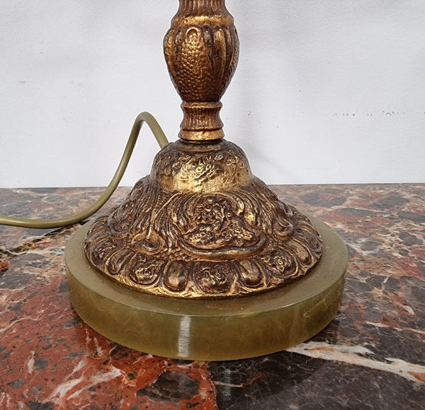 Beautiful pair of French bronze and alabaster marble base table lamps. Lamps have been fully rewired to Australian standards and are in good original condition.
