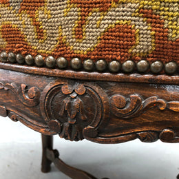 Lovely French oak carved tapestry piano stool with nice detail in good condition.