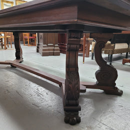 Stunning 2.55 meter French Spanish style parquetry top Oak table. Amazing one piece top and it is in good original detailed condition.